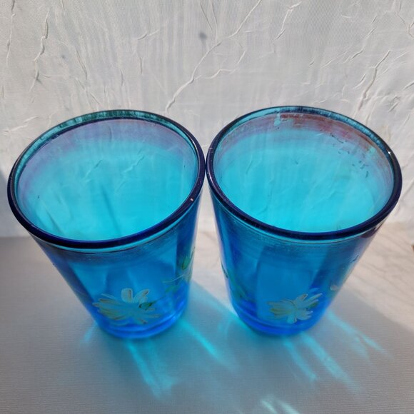 Vintage Blue Glass Juice Glasses With Hand-Painted Floral Design - Picture 6 of 10